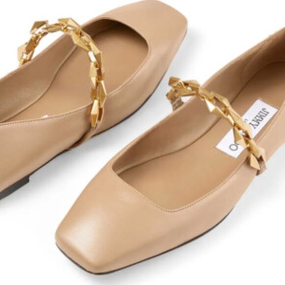 NEW Jimmy Choo Diamond Tilda Ballet Flats Womens 38 8 Nude Leather Chain NIB - Picture 2 of 14